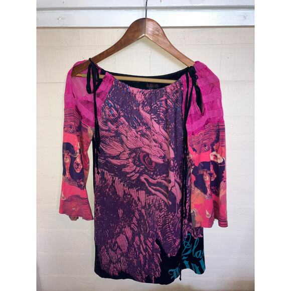 CUSTO Barcelona Flare Sleeve Tunic Top Colorful Bird Print Size  4 Large / L - Picture 1 of 9